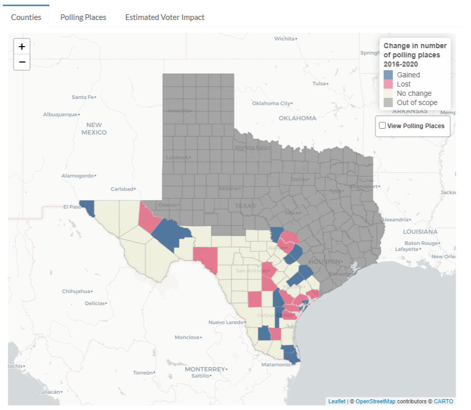 Results of tracking polling places closures and changes in TRLA's service area prior to the 2020 election. TRLA, 2020.